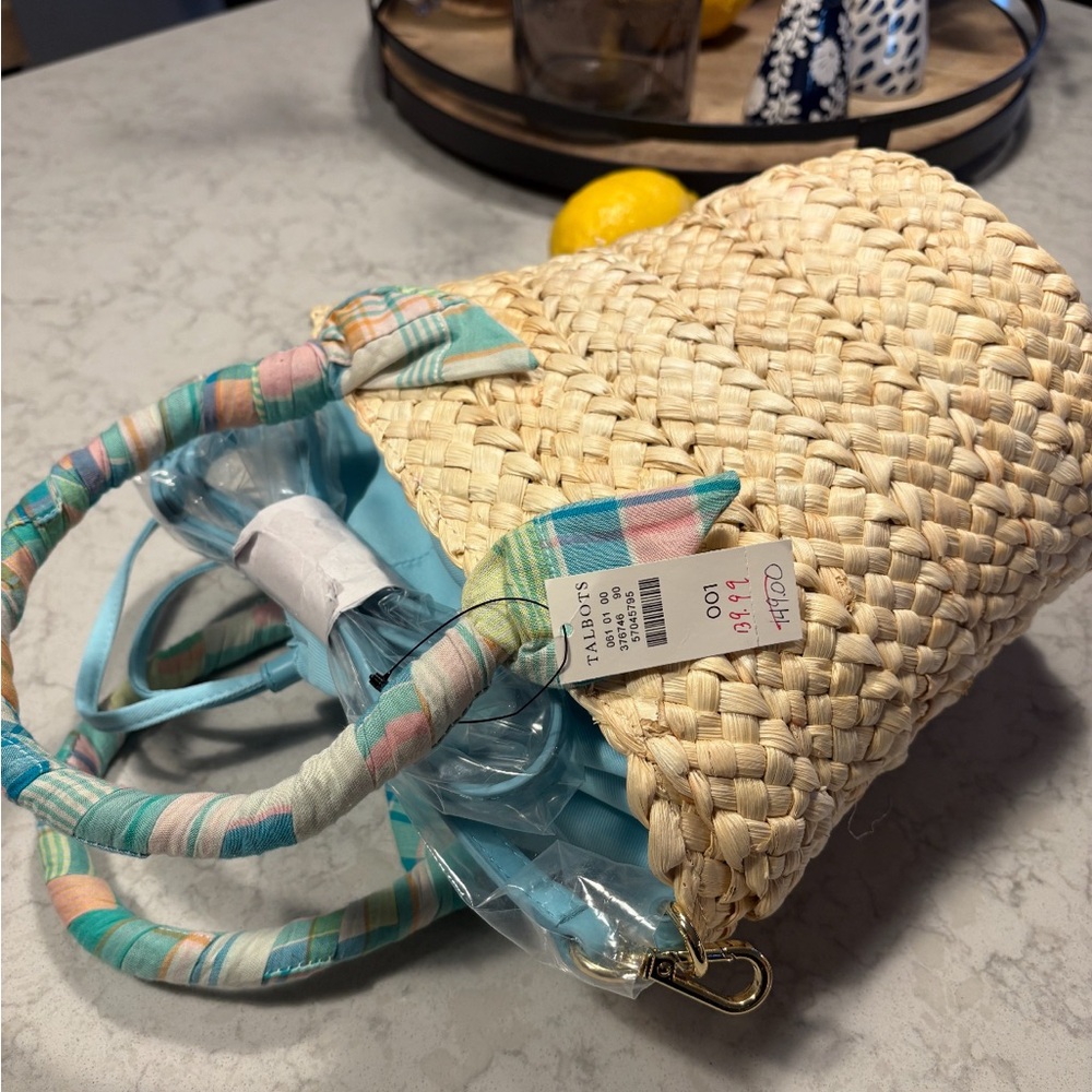 Talbots MADRAS SCARF HANDLE STRAW TOTE, spring Straw Purse, corn blue purse - Picture 3 of 6
